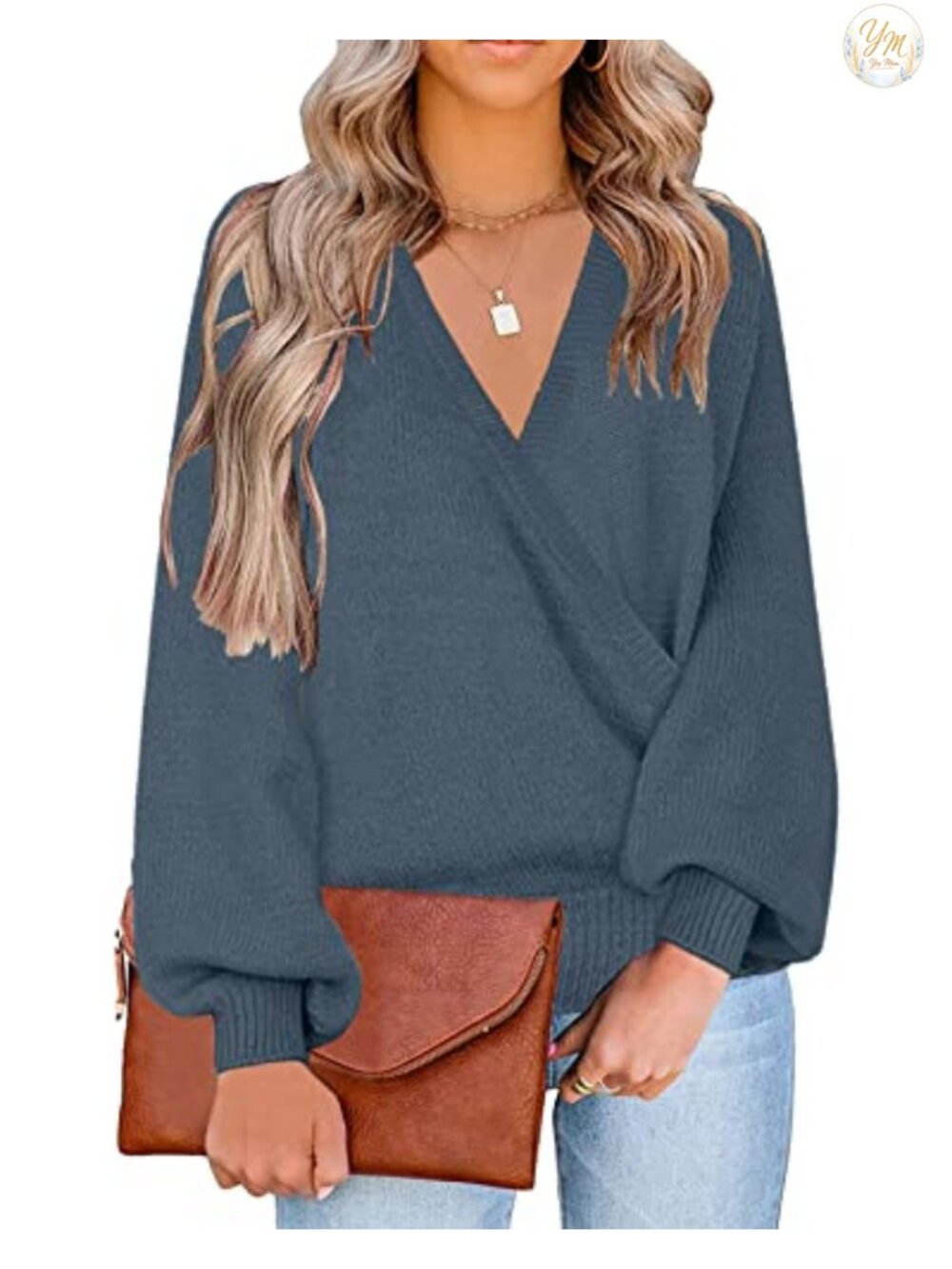 Women's Knit Long Sleeve Faux Wrap Surplice V Neck Sweater Puff Sleeve